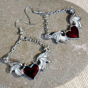 Vampire Goth Blood Red Heart Silver Enamel Chain Earrings